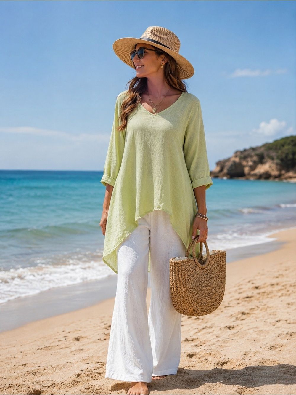(A3) Ellamoda women's tunicgreen, size S/M, asymmetrical,100% linen